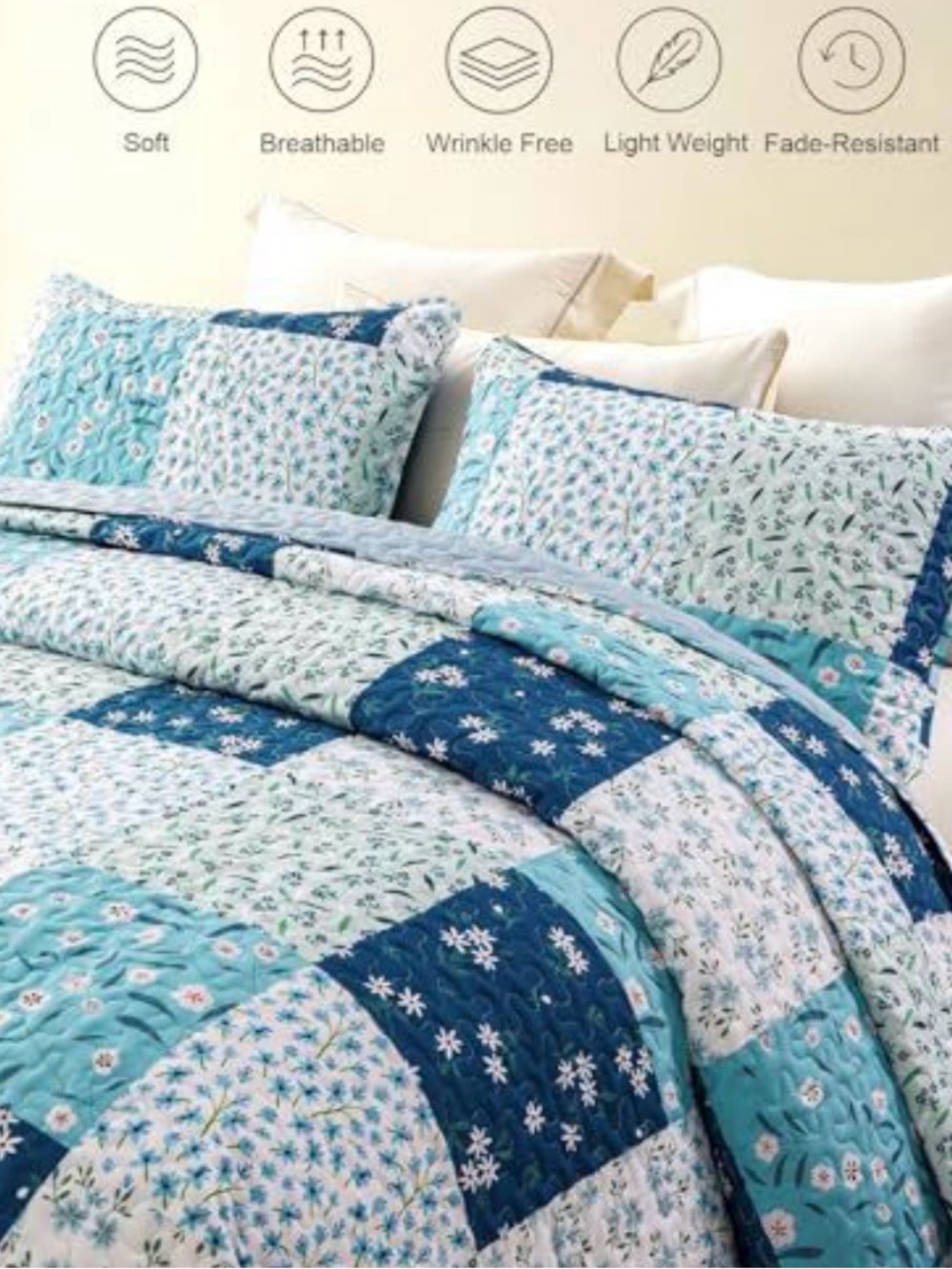 Blue Patchwork Floral Quilt Set with Pillow Shams - Picture 3 of 6